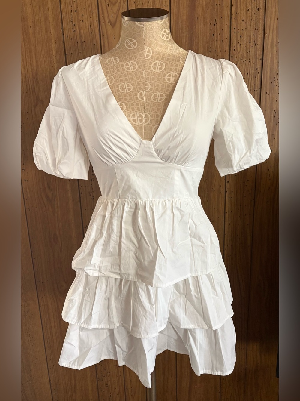 Forever 21 White V-Neck Tiered Mini Dress with Puff Sleeves